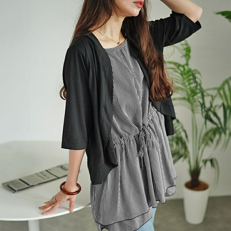 大きいサイズ レディース カーデドッキングストライプティアードチュニック　cast-5546005 【メール便可】