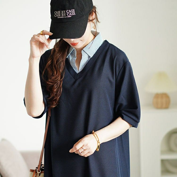 大きいサイズ レディース シャツドッキングワッフルワンピース　cast-5546003 【メール便可】