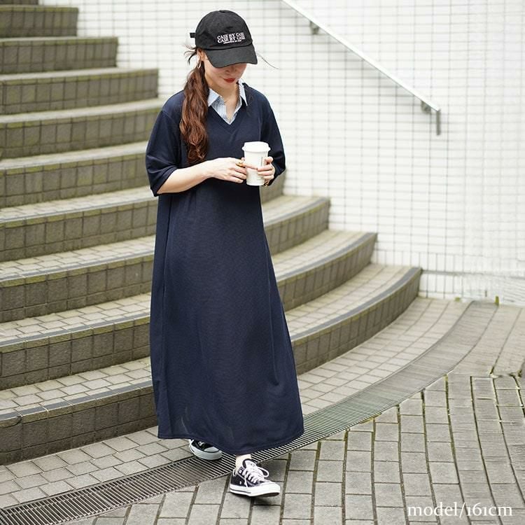 大きいサイズ レディース シャツドッキングワッフルワンピース　cast-5546003 【メール便可】 ネイビー