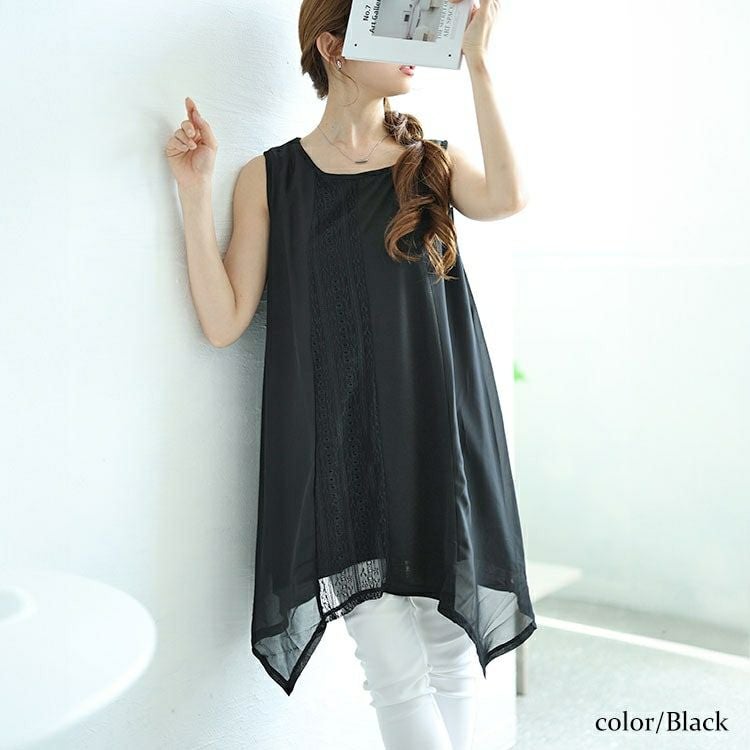 大きいサイズ レディース レース切り替えイレヘムノースリーブチュニック　cast-5546001 【メール便可】