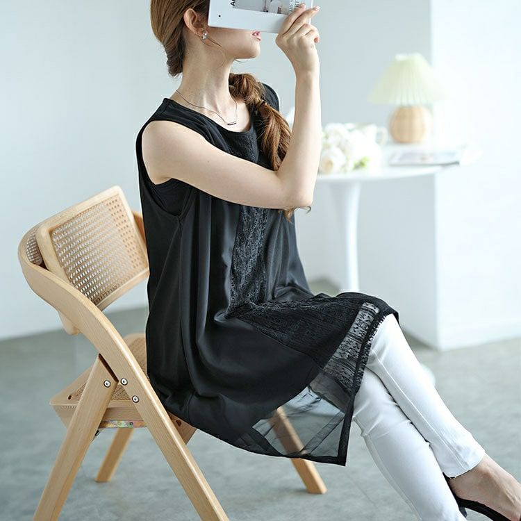 大きいサイズ レディース レース切り替えイレヘムノースリーブチュニック　cast-5546001 【メール便可】