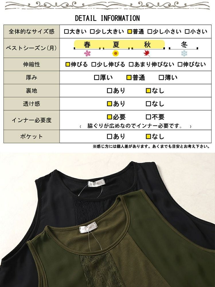 大きいサイズ レディース レース切り替えイレヘムノースリーブ