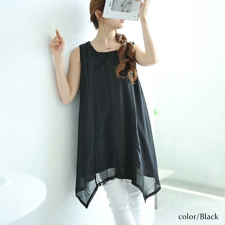 大きいサイズ レディース レース切り替えイレヘムノースリーブチュニック　cast-5546001 【メール便可】 ブラック