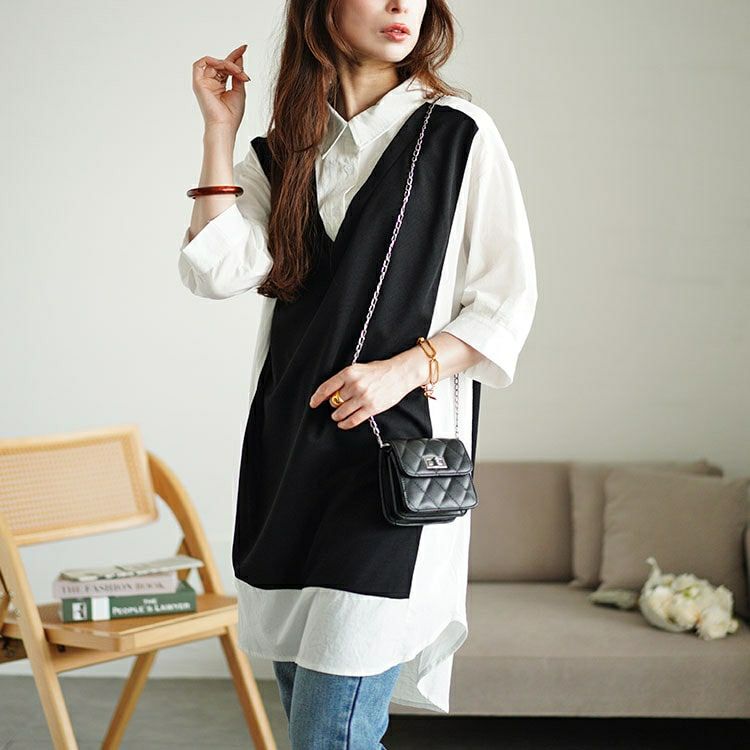 大きいサイズ レディース シャツドッキング異素材切り替えチュニック　maru-30050 【メール便可】