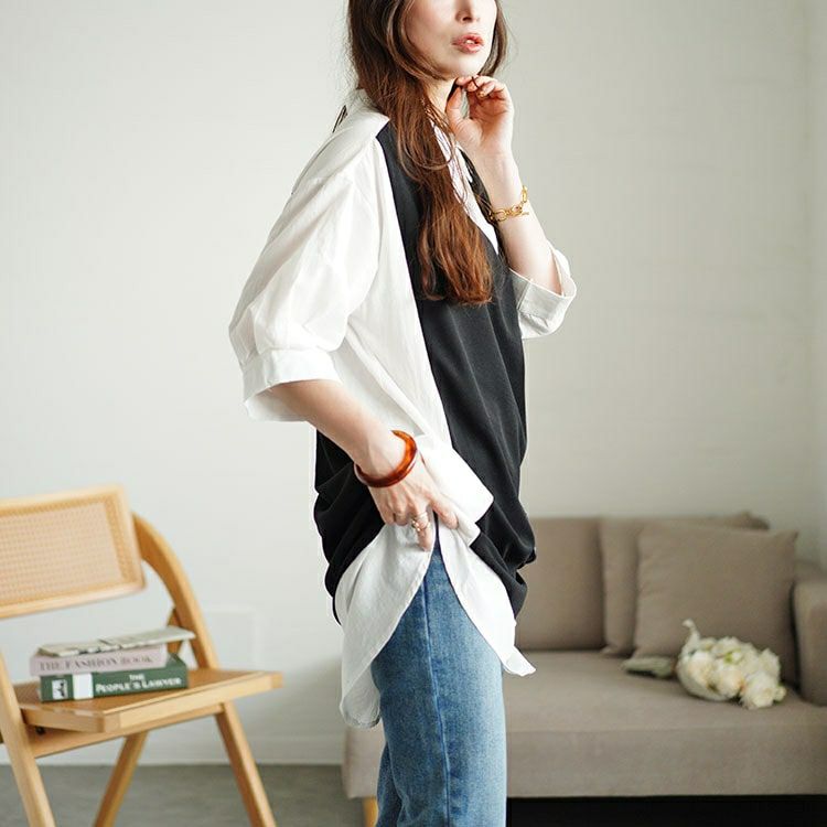 大きいサイズ レディース シャツドッキング異素材切り替えチュニック　maru-30050 【メール便可】