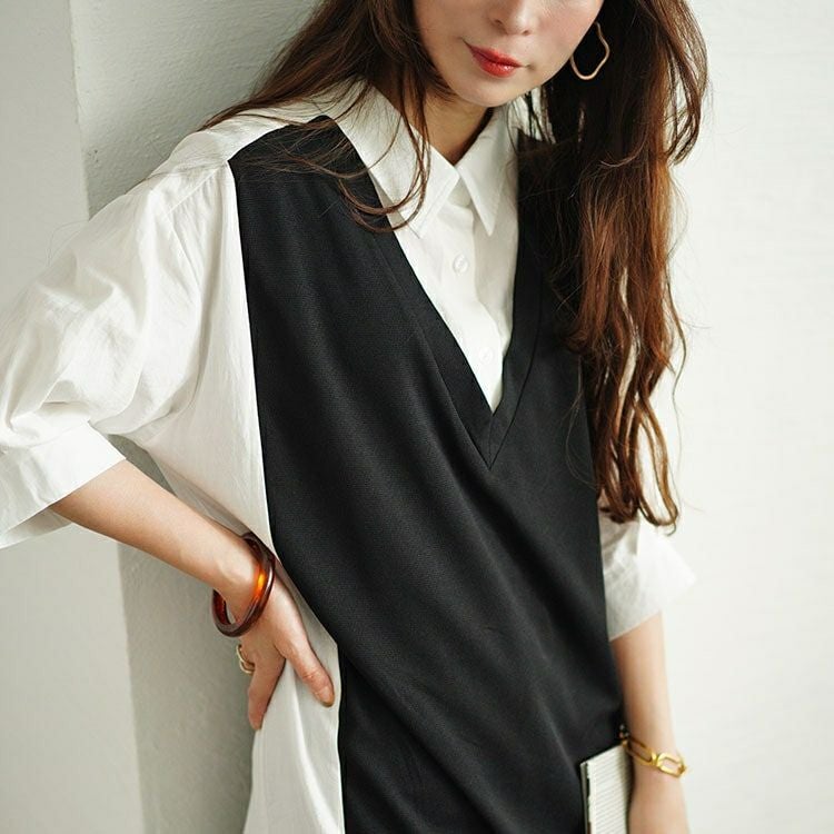 大きいサイズ レディース シャツドッキング異素材切り替えチュニック　maru-30050 【メール便可】