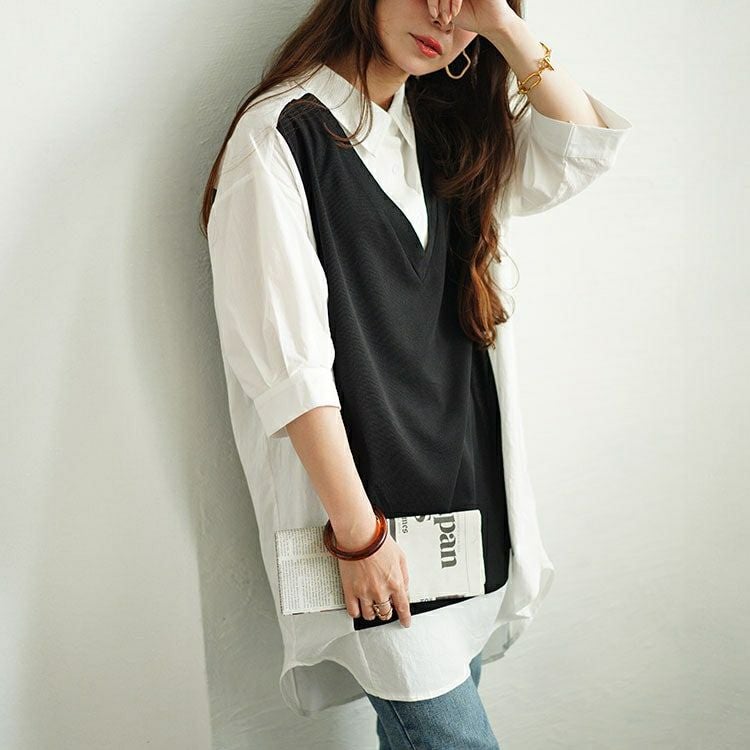 大きいサイズ レディース シャツドッキング異素材切り替えチュニック　maru-30050 【メール便可】