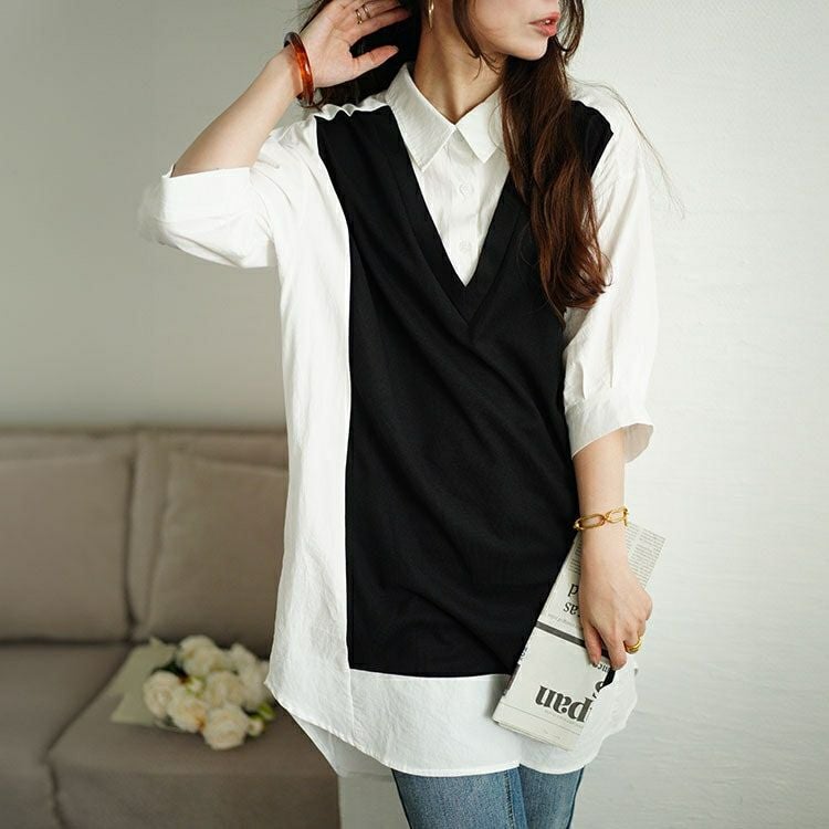 大きいサイズ レディース シャツドッキング異素材切り替えチュニック　maru-30050 【メール便可】