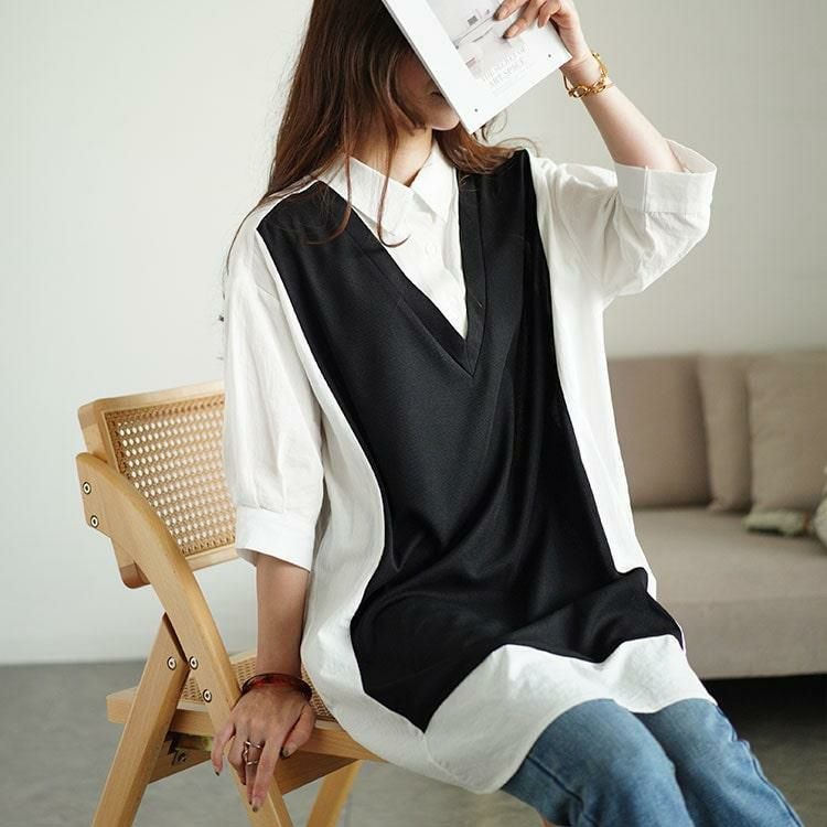 大きいサイズ レディース シャツドッキング異素材切り替えチュニック　maru-30050 【メール便可】 ブラック