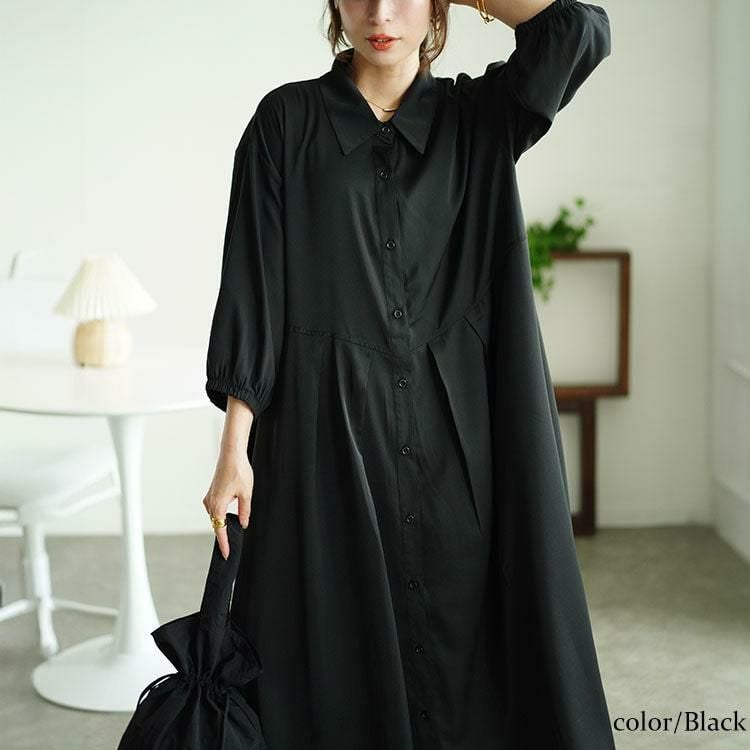 大きいサイズ レディース ウエストタックシャツワンピース　fem-510 ブラック