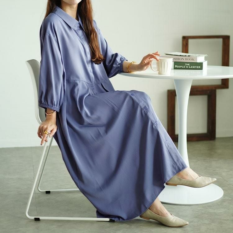 大きいサイズ レディース ウエストタックシャツワンピース　fem-510 ブルー