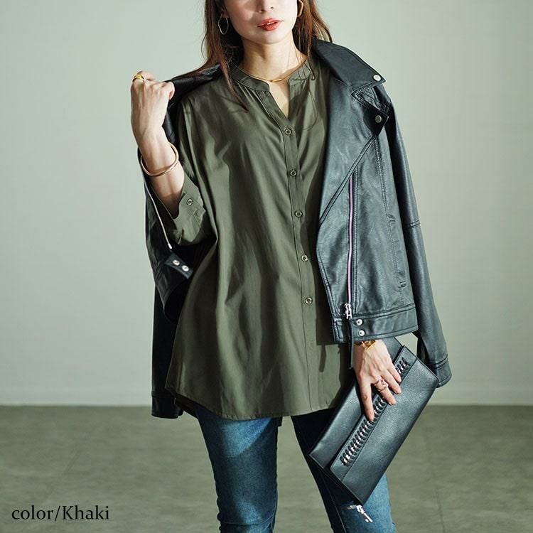 大きいサイズ レディース 前後ボタンスキッパーシャツ　fem-508 【メール便可】 カーキ