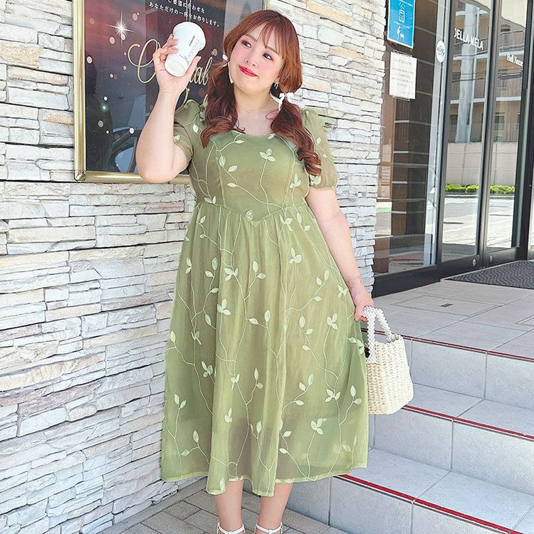 大きいサイズ レディース リーフ柄シアーワンピース　goldy-1535 【メール便可】