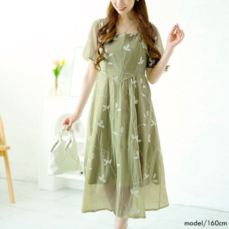 大きいサイズ レディース リーフ柄シアーワンピース　goldy-1535 【メール便可】