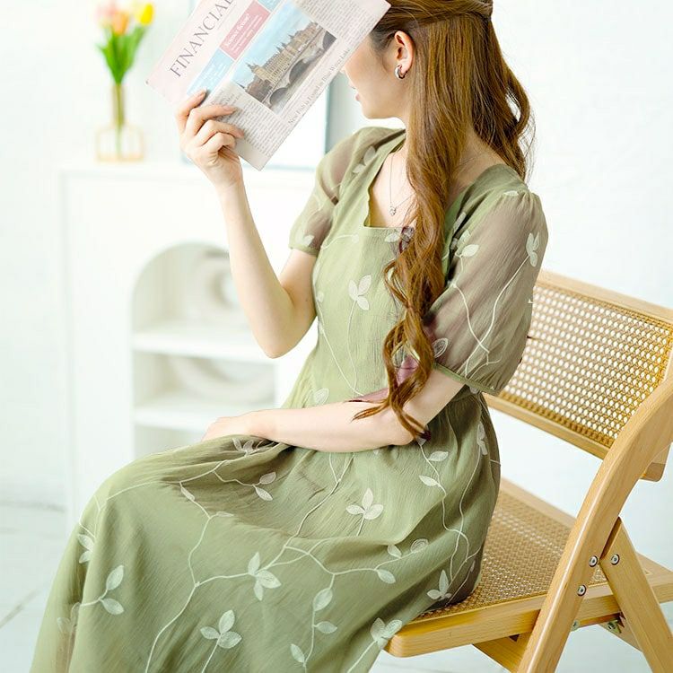 大きいサイズ レディース リーフ柄シアーワンピース　goldy-1535 【メール便可】