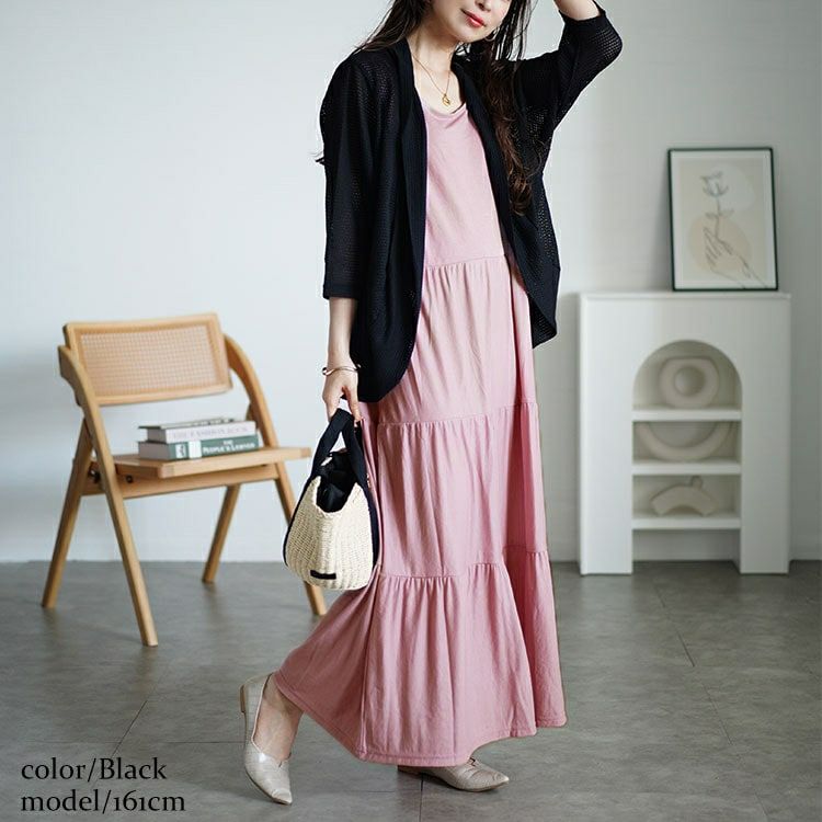 大きいサイズ レディース 透かし編みボレロ＆ティアードワンピースセット　cast-5544046