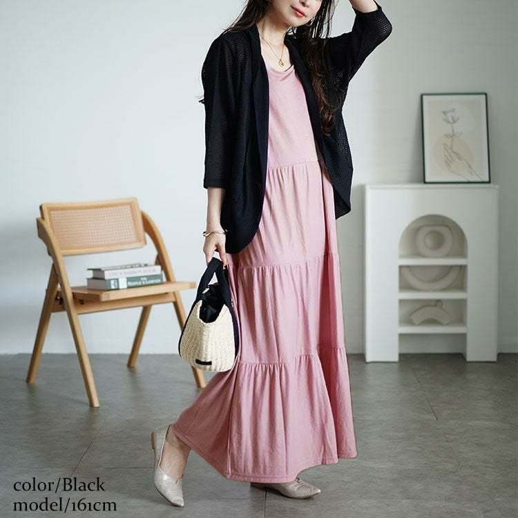 大きいサイズ レディース 透かし編みボレロ＆ティアードワンピースセット　cast-5544046 ブラック