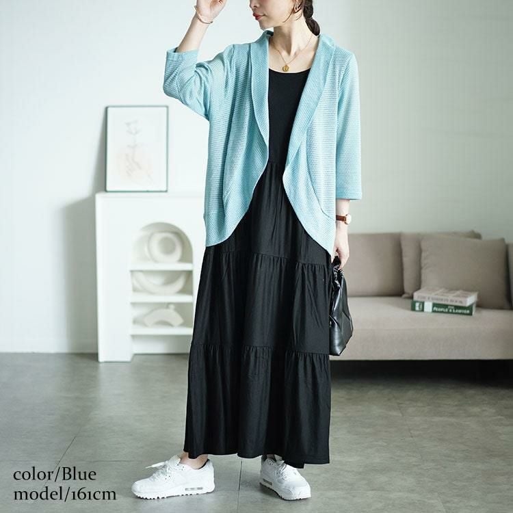 大きいサイズ レディース 透かし編みボレロ＆ティアードワンピースセット　cast-5544046 ブルー