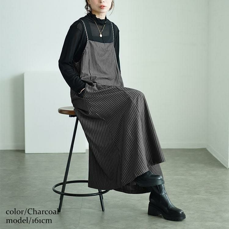 大きいサイズ レディース ピンストライプフレアキャミワンピース　maru-30053 チャコール