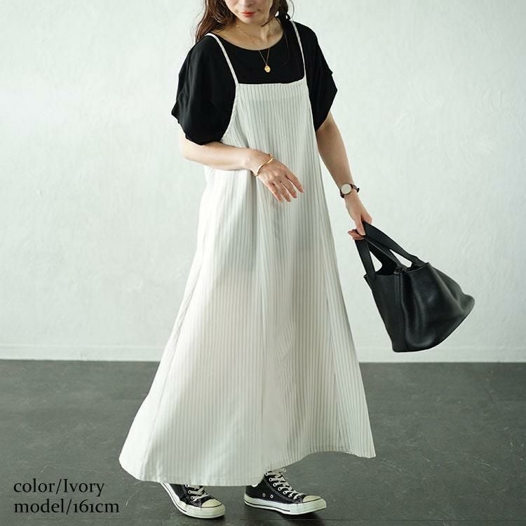 大きいサイズ レディース ピンストライプフレアキャミワンピース　maru-30053 アイボリー