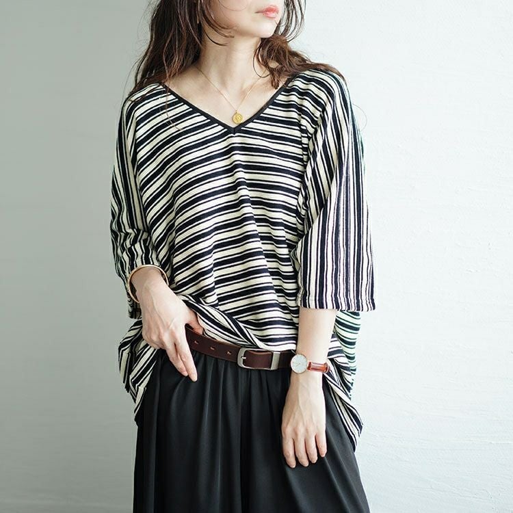 大きいサイズ レディース パイピングVネックドルマンボーダーニットソー　maru-30051