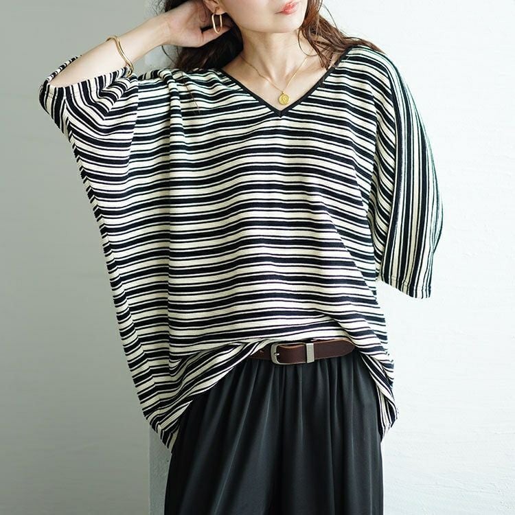 大きいサイズ レディース パイピングVネックドルマンボーダーニットソー　maru-30051