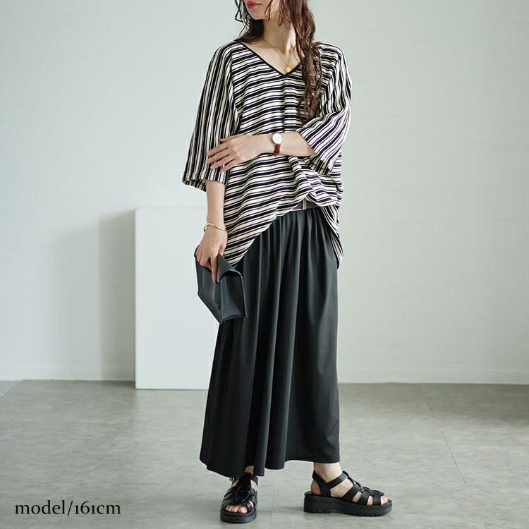 大きいサイズ レディース パイピングVネックドルマンボーダーニットソー　maru-30051