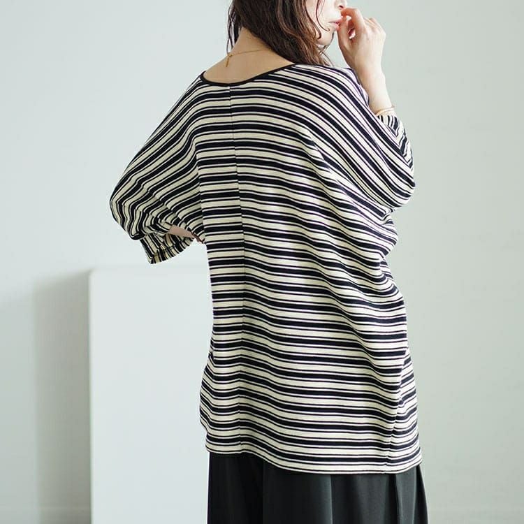 大きいサイズ レディース パイピングVネックドルマンボーダーニットソー　maru-30051