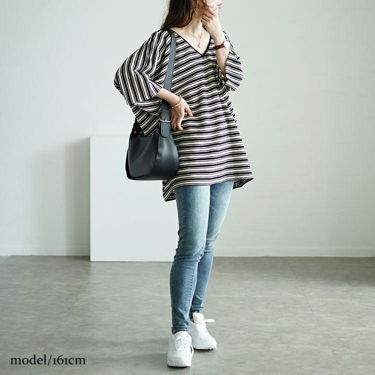 大きいサイズ レディース パイピングVネックドルマンボーダーニットソー　maru-30051