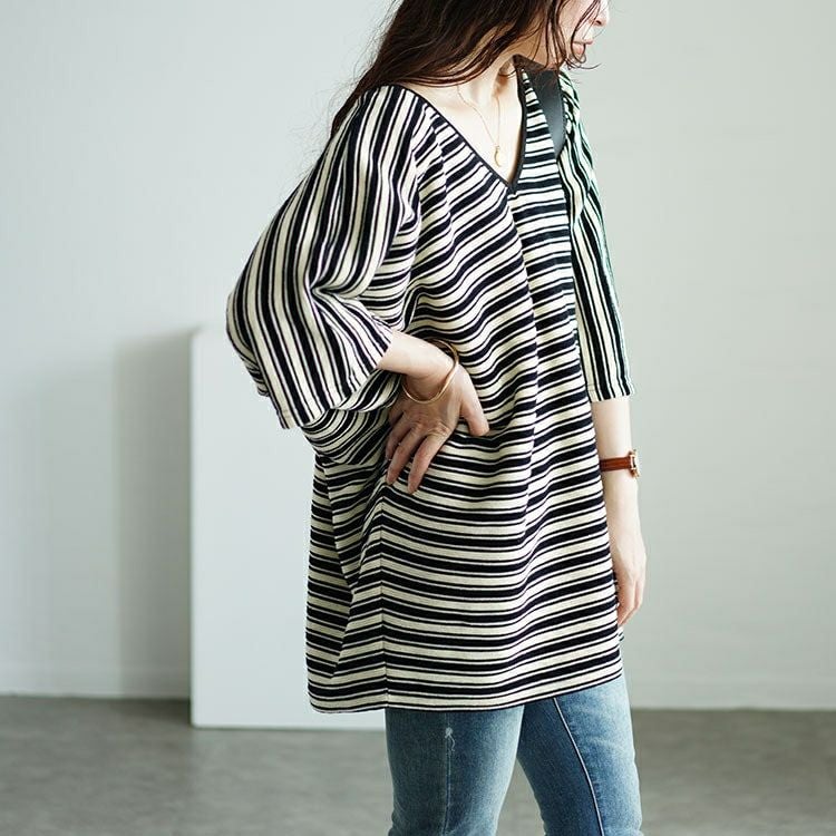 大きいサイズ レディース パイピングVネックドルマンボーダーニットソー　maru-30051