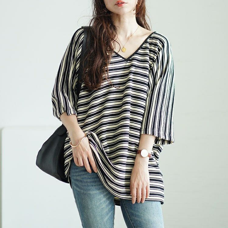 大きいサイズ レディース パイピングVネックドルマンボーダーニットソー　maru-30051