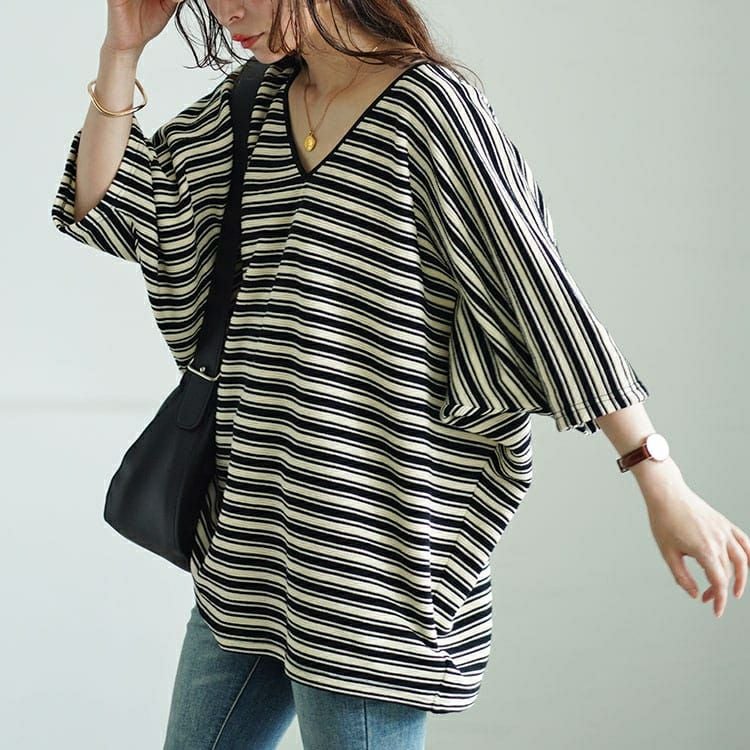 大きいサイズ レディース パイピングVネックドルマンボーダーニットソー　maru-30051