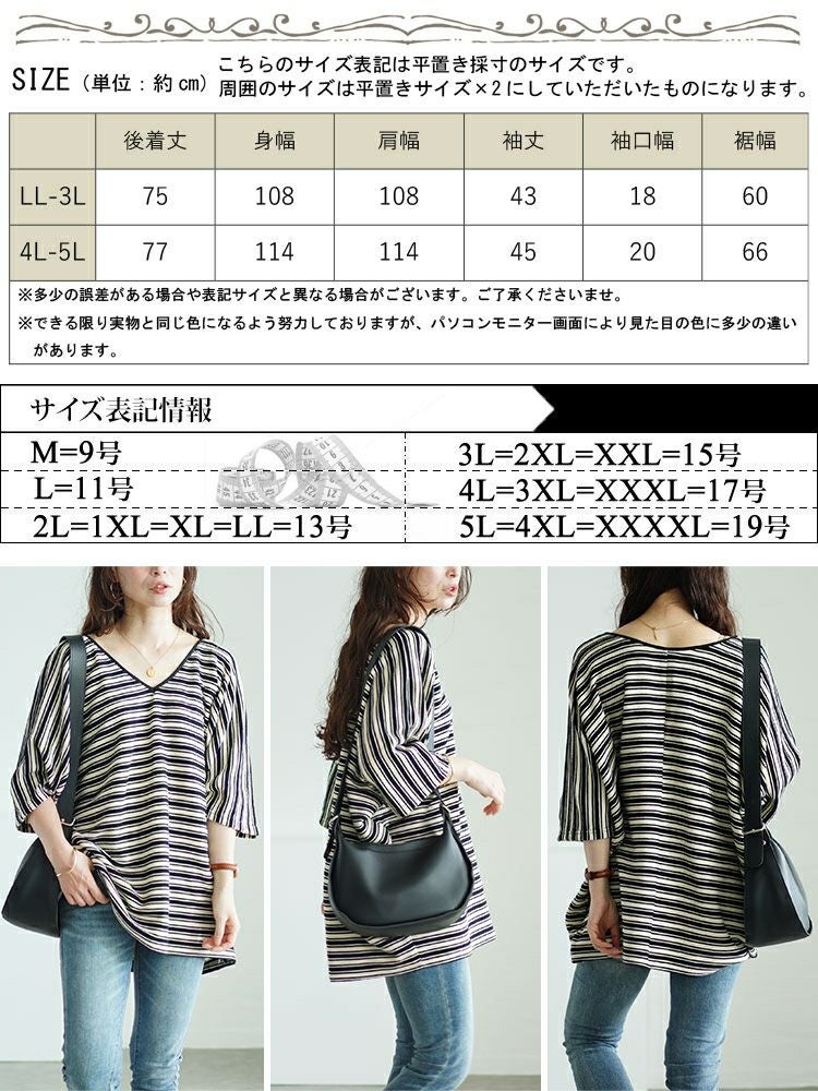 大きいサイズ レディース パイピングVネックドルマンボーダーニットソー　maru-30051