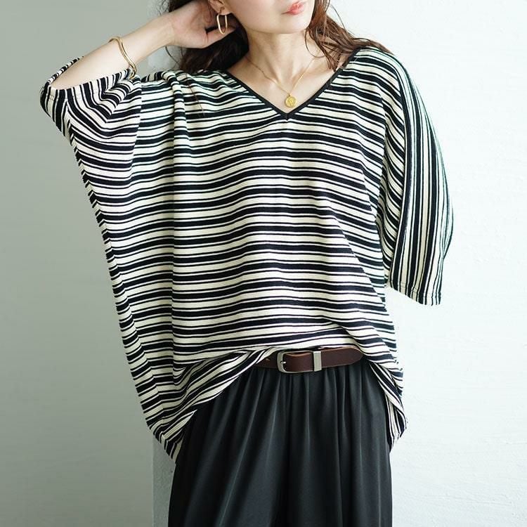 大きいサイズ レディース パイピングVネックドルマンボーダーニットソー　maru-30051 ブラック