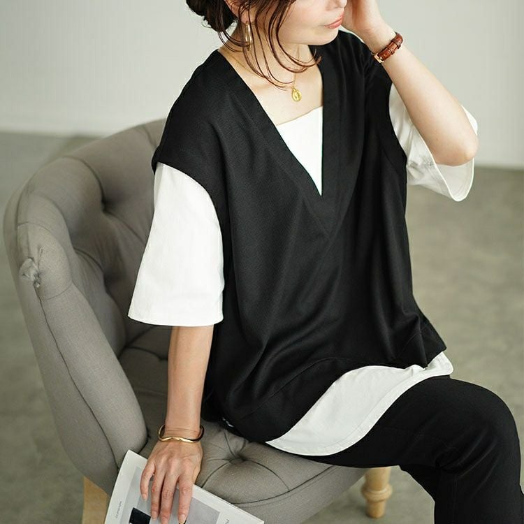 大きいサイズ レディース ワッフルベストフェイクレイヤードプルオーバー　maru-30049 【メール便可】