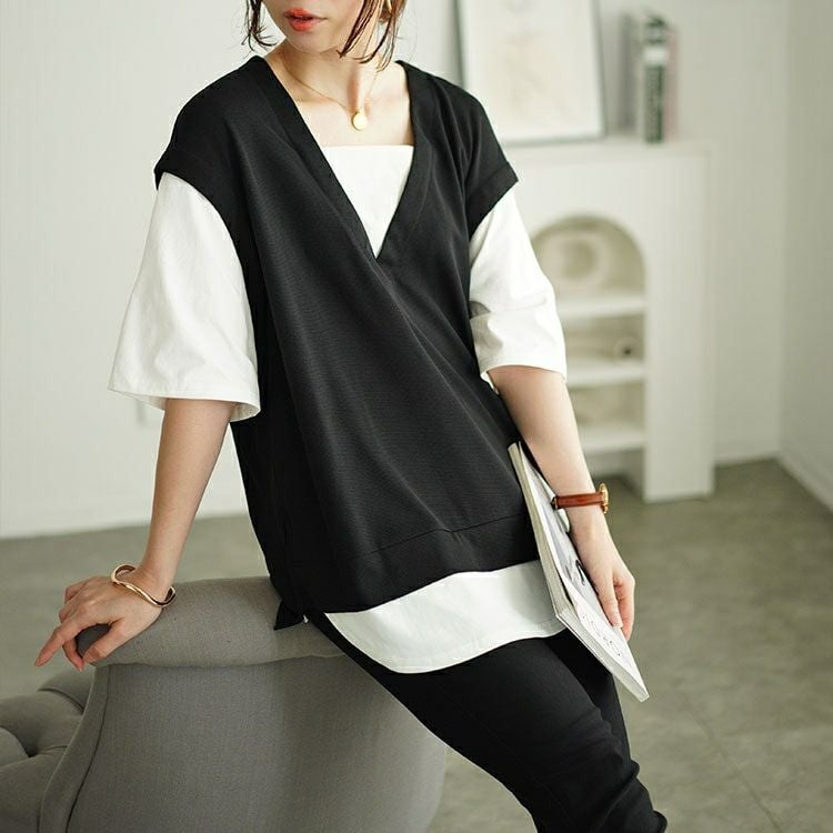 大きいサイズ レディース ワッフルベストフェイクレイヤードプルオーバー　maru-30049 【メール便可】