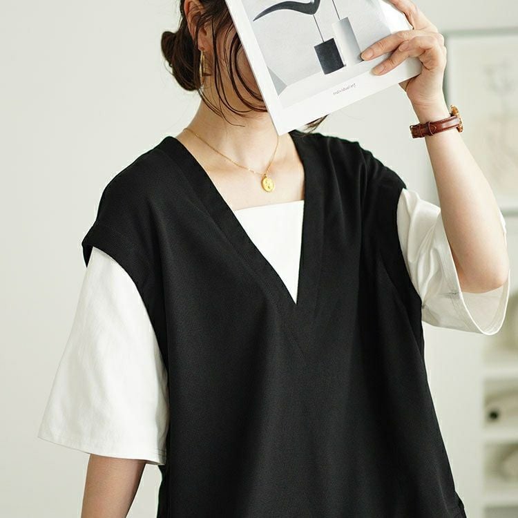 大きいサイズ レディース ワッフルベストフェイクレイヤードプルオーバー　maru-30049 【メール便可】