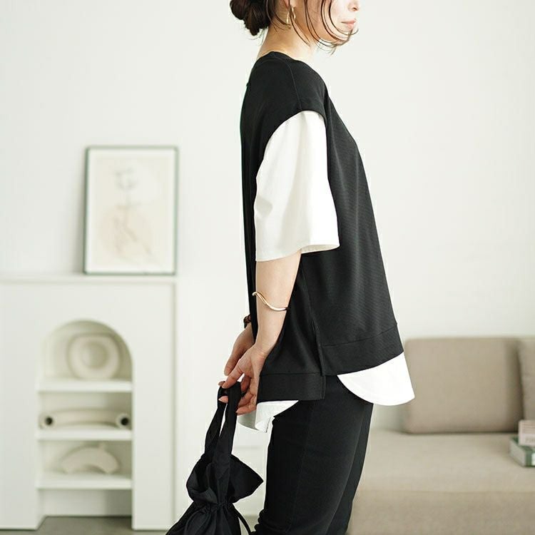 大きいサイズ レディース ワッフルベストフェイクレイヤードプルオーバー　maru-30049 【メール便可】