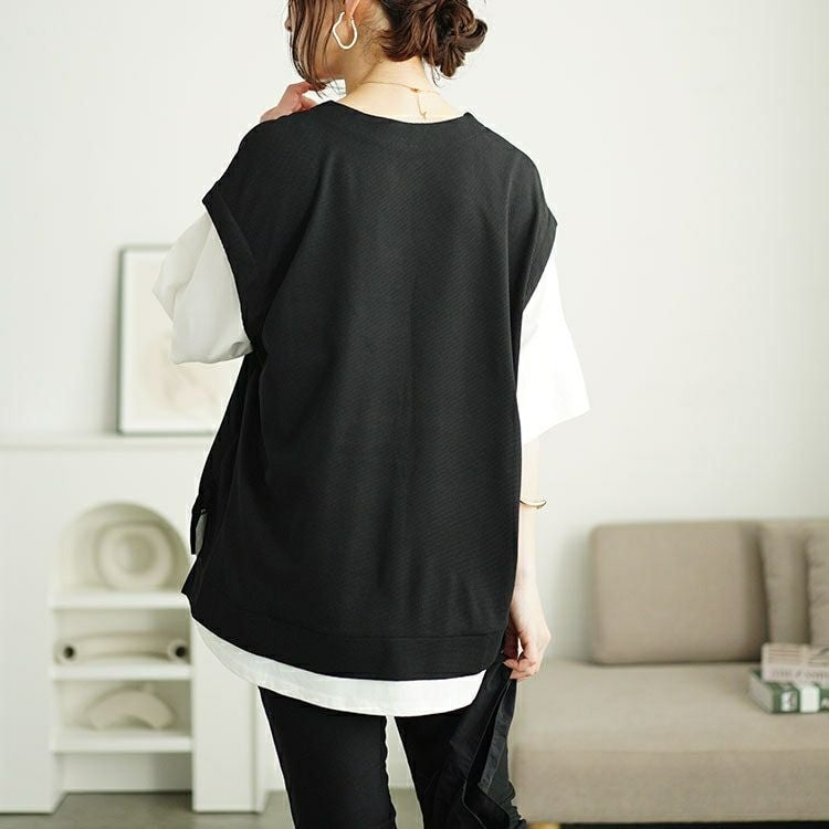 大きいサイズ レディース ワッフルベストフェイクレイヤードプルオーバー　maru-30049 【メール便可】