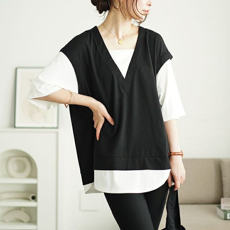 大きいサイズ レディース ワッフルベストフェイクレイヤードプルオーバー　maru-30049 【メール便可】