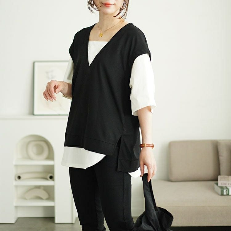 大きいサイズ レディース ワッフルベストフェイクレイヤードプルオーバー　maru-30049 【メール便可】