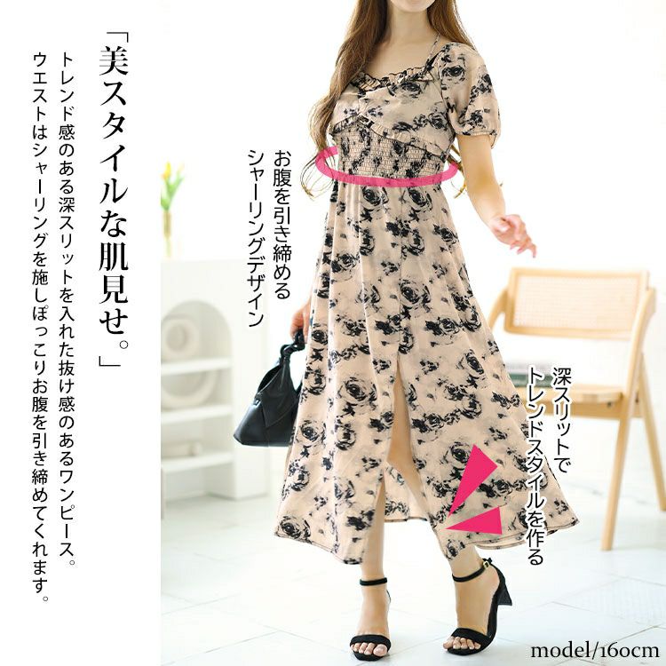 大きいサイズ レディース フロントスリット花柄ロングワンピース　goldy-1549