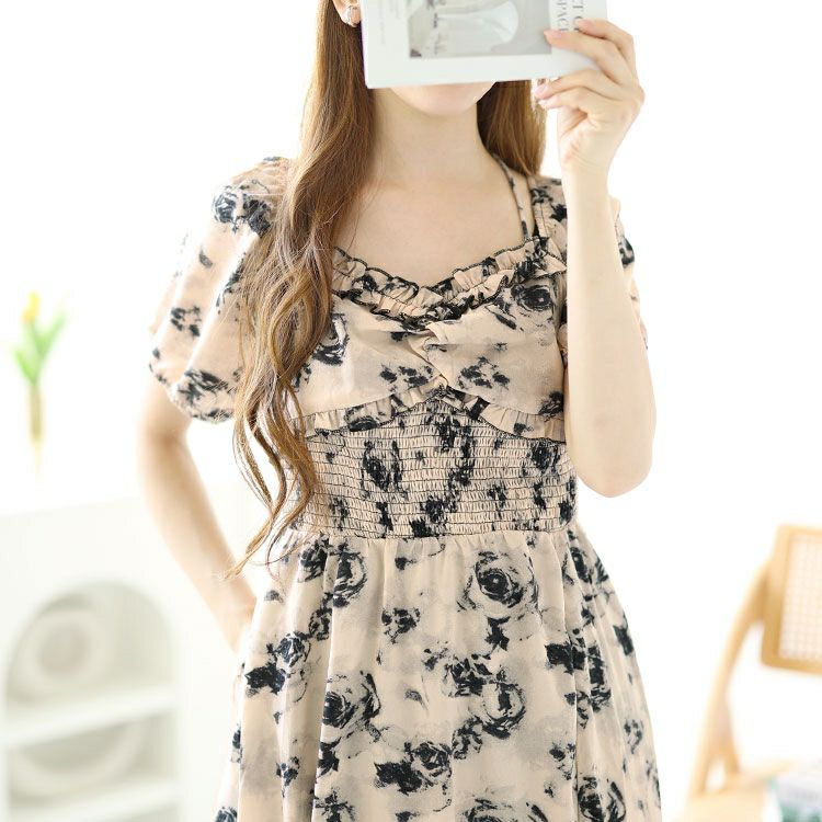 大きいサイズ レディース フロントスリット花柄ロングワンピース　goldy-1549