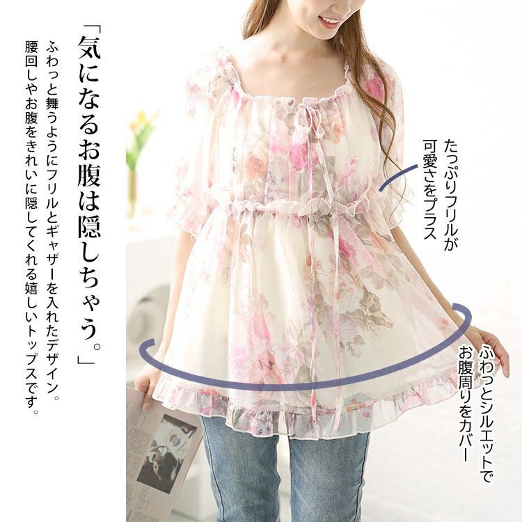 大きいサイズ レディース バックシャーリング花柄フリルトップス　goldy-1548 【メール便可】