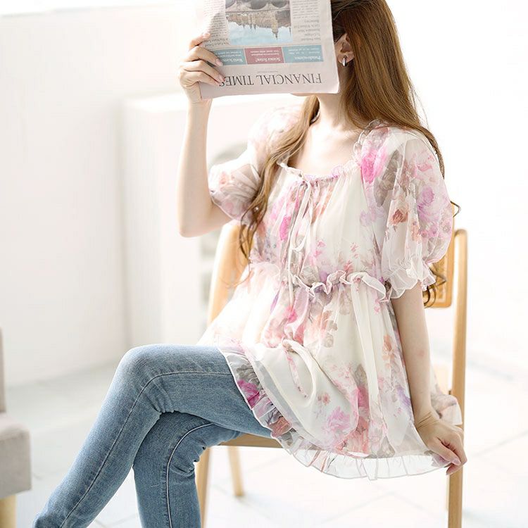 大きいサイズ レディース バックシャーリング花柄フリルトップス　goldy-1548 【メール便可】