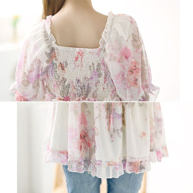 大きいサイズ レディース バックシャーリング花柄フリルトップス　goldy-1548 【メール便可】