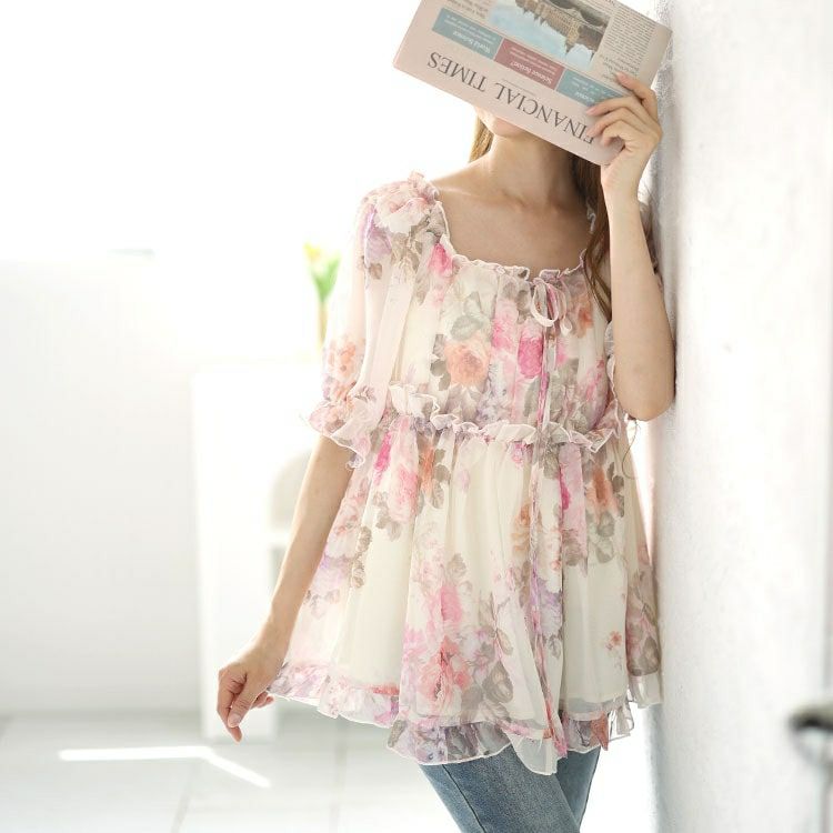 大きいサイズ レディース バックシャーリング花柄フリルトップス　goldy-1548 【メール便可】