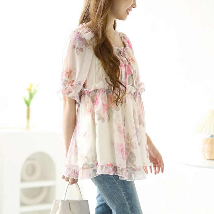 大きいサイズ レディース バックシャーリング花柄フリルトップス　goldy-1548 【メール便可】