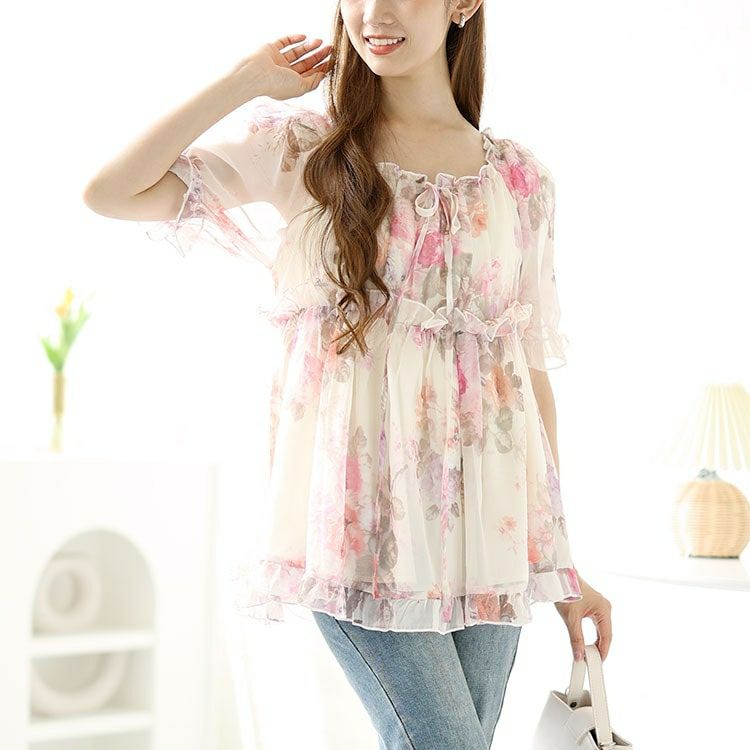大きいサイズ レディース バックシャーリング花柄フリルトップス　goldy-1548 【メール便可】