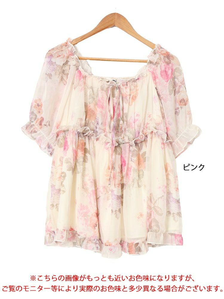 大きいサイズ レディース バックシャーリング花柄フリルトップス　goldy-1548 【メール便可】